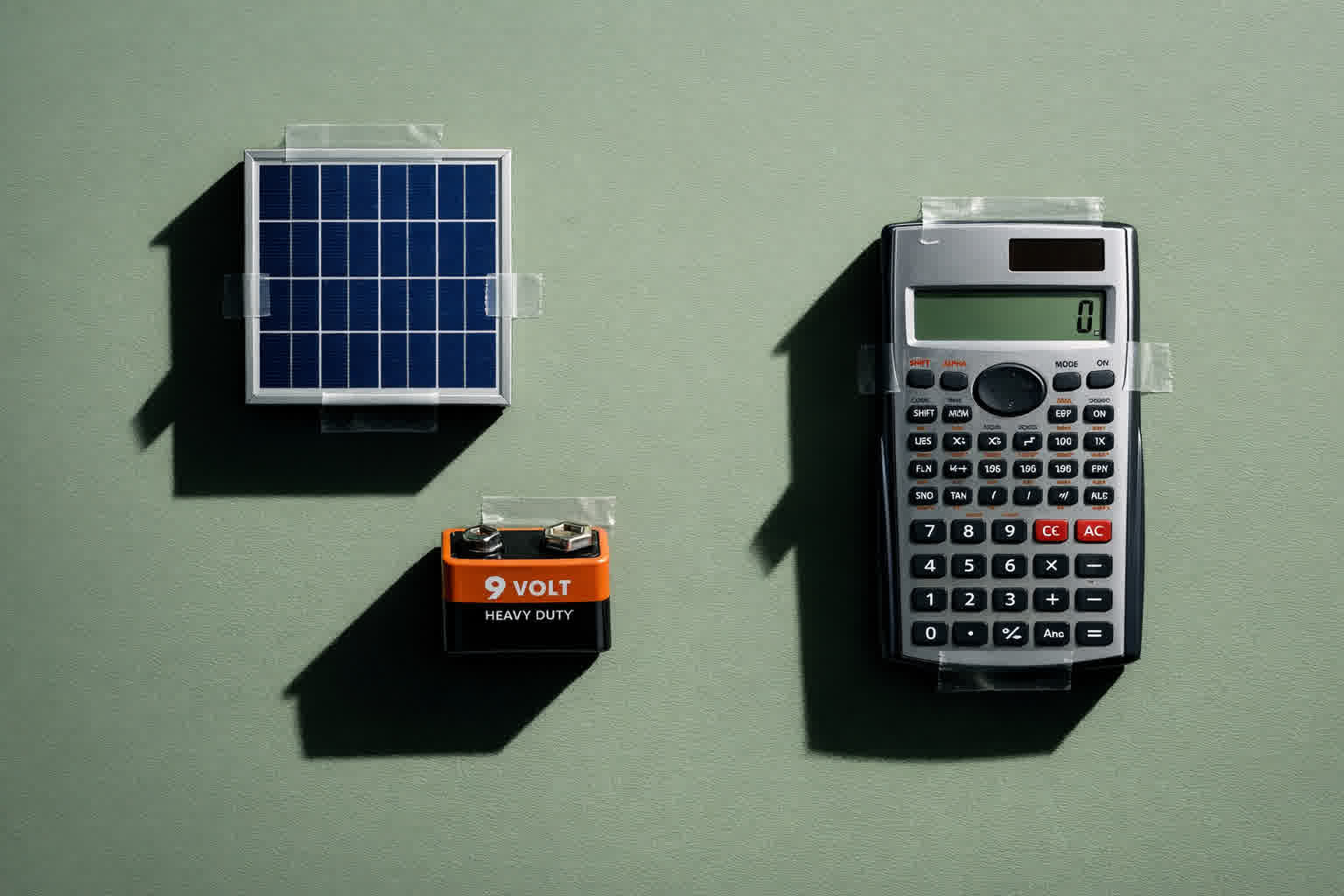 A calculator, a 9 volt battery, and a tiny chunk of a solar panel taped to a wall