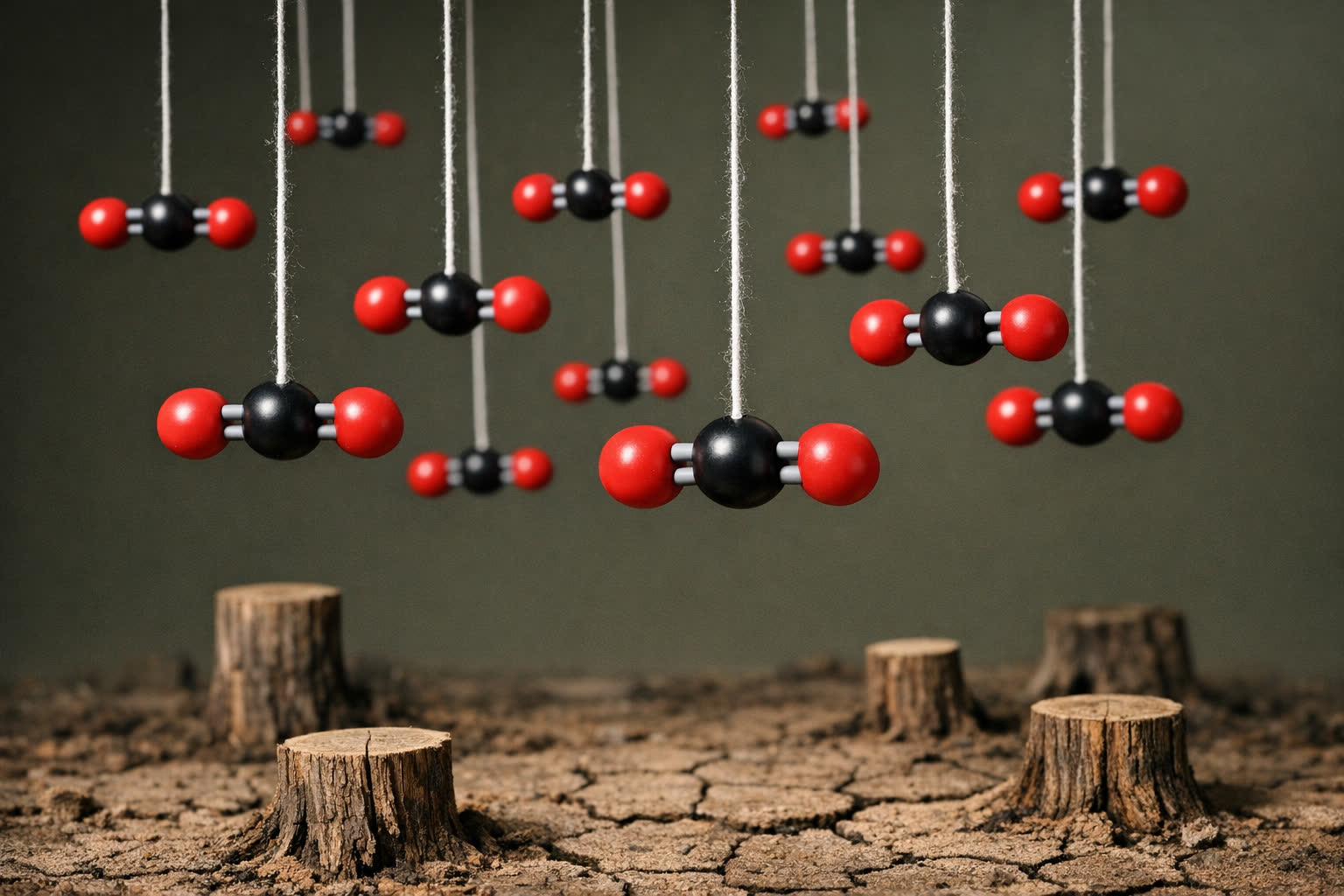 A diorama-style photograph of several ball-and-stick CO₂ molecular models suspended above a barren landscape with tree stumps.