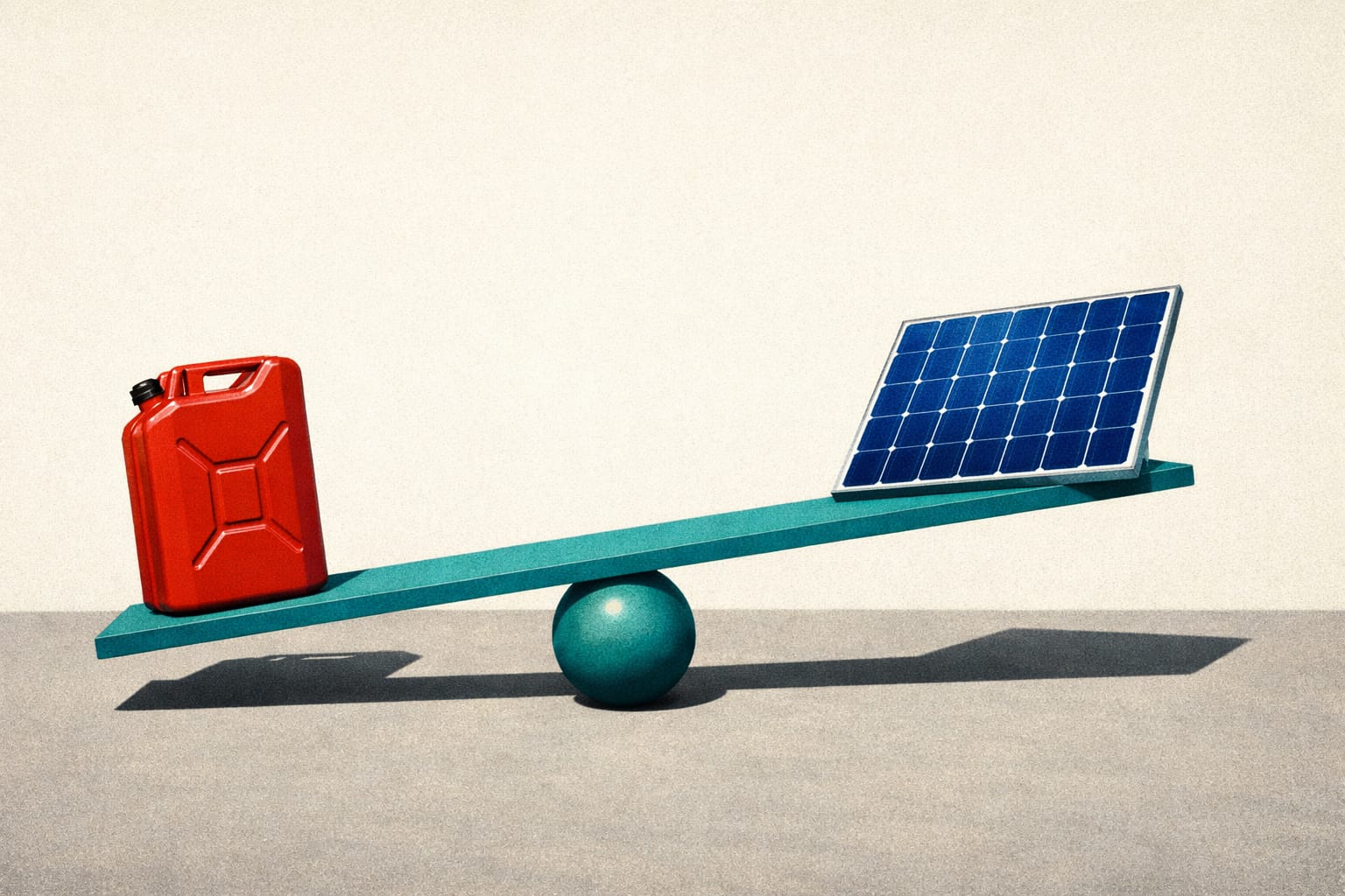 A teal seesaw with a red diesel jerrycan weighing one side down and a blue solar panel lifted on the other
