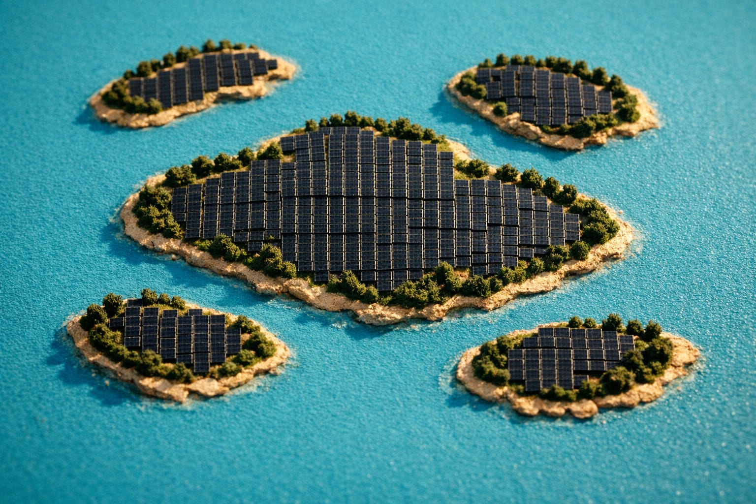 Aerial diorama of tropical islands densely covered with solar panels
