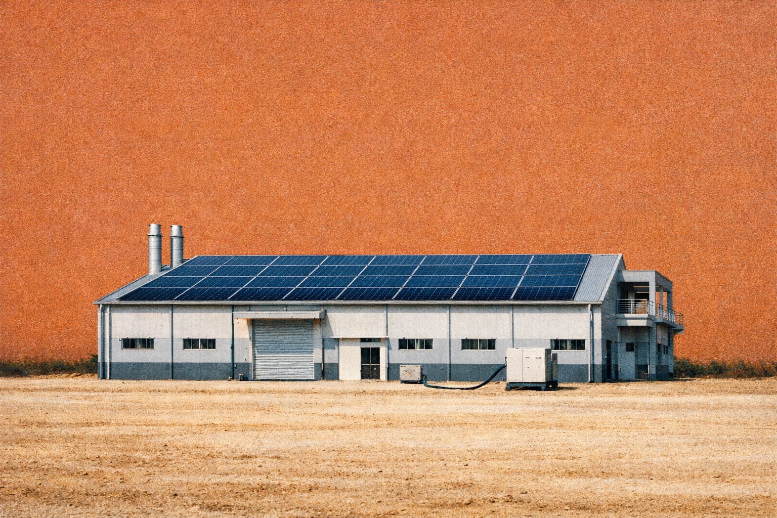 Generated image of a factory with solar rooftop, alone in the center.