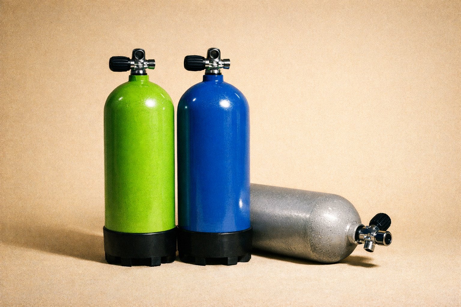 Three scuba-style gas cylinders — green and blue standing upright, grey tipped over on its side, on a warm beige background