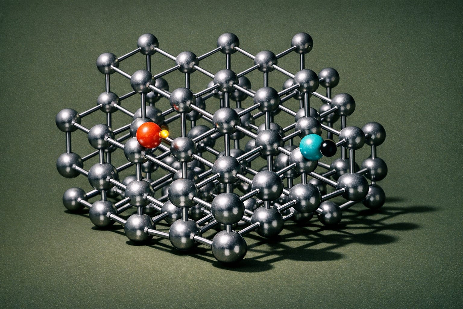 Still life photograph of a silicon crystal molecule with dopants phosphorus and boron that makes semiconductor junctions, diodes and solar cells.